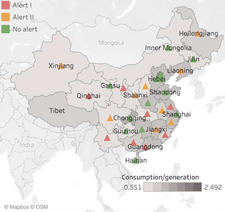 Map showing rankings of China's provinces by emissions, explained above