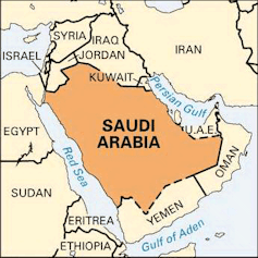 Locator map of Yemen showing proximity of Saudi Arabia and position of Iran.
