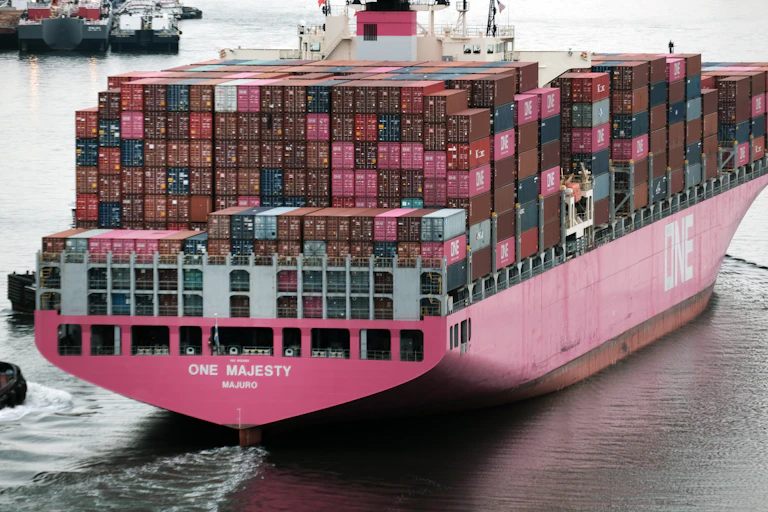 A cargo boat laden with shipping containers sails out to sea.