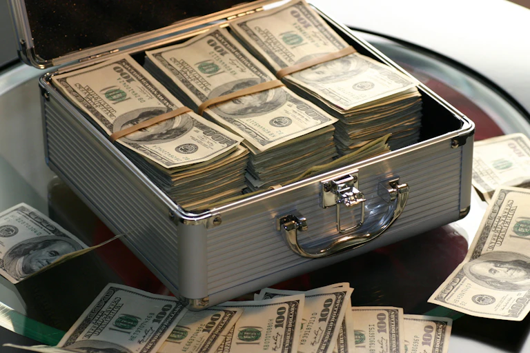 Boîte métallique remplie de liasses de billets