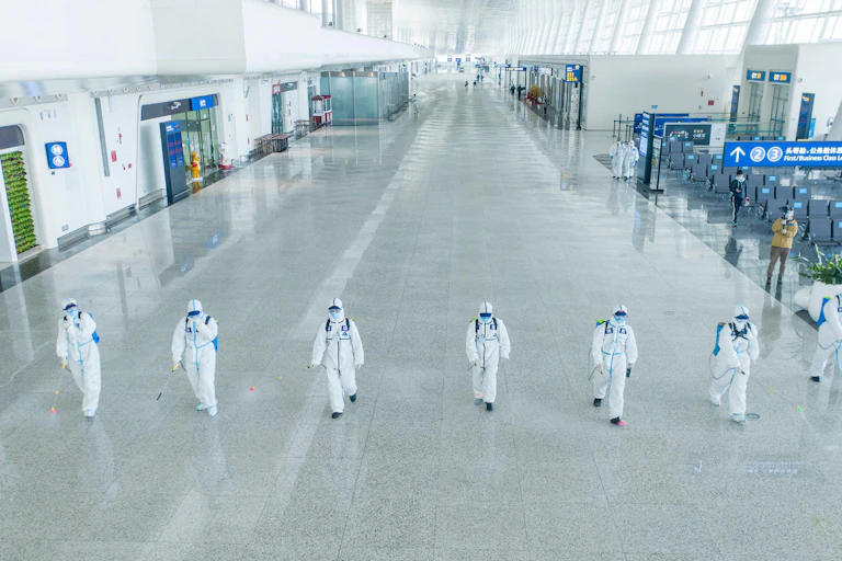 Firefighters conducting disinfection at the Terminal 3 of Wuhan Tianhe International Airport.