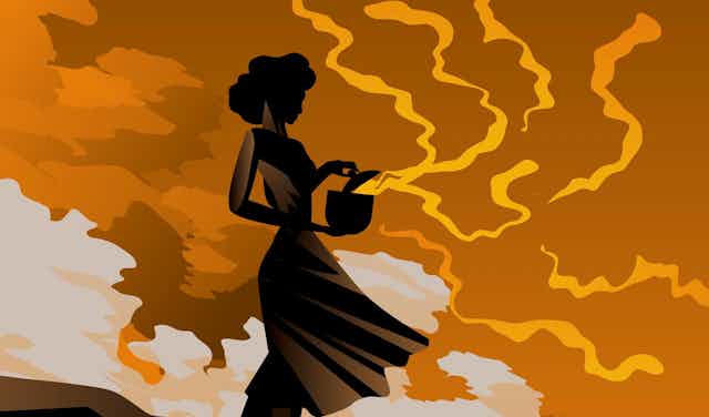 Cartoon silhouette of woman opening box with orange gas emerging