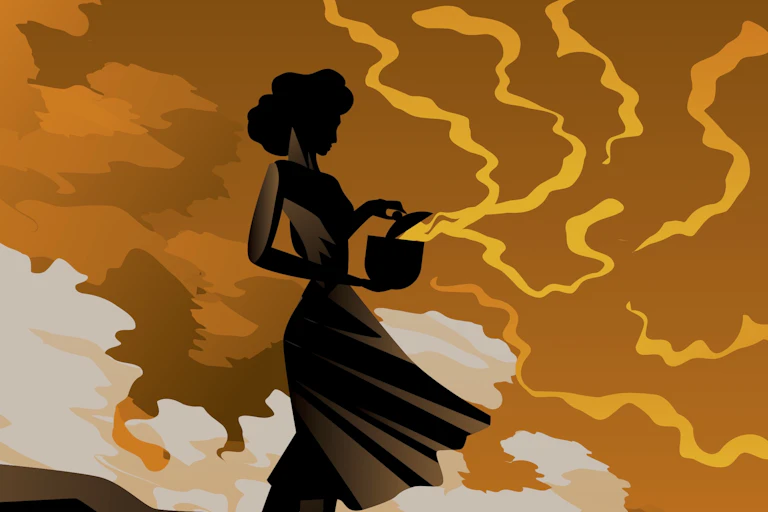 Cartoon silhouette of woman opening box with orange gas emerging