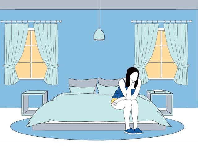 Illustration of a teen girl sitting on her bed in a sad posture.