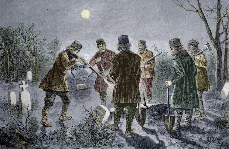 A 19th-century engraving depicts men in coats and hats shooting at a vampire in a cemetery in Romania.