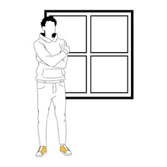 Line drawing of a young man in a hoodie looking out window