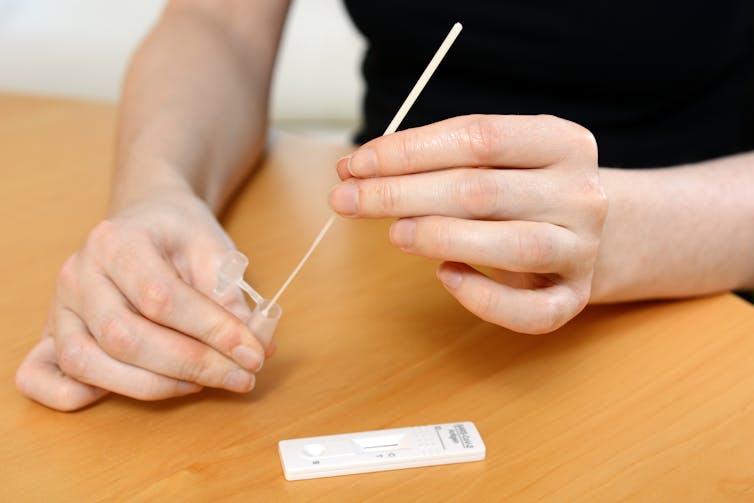 Man holds rapid COVID testing stick.