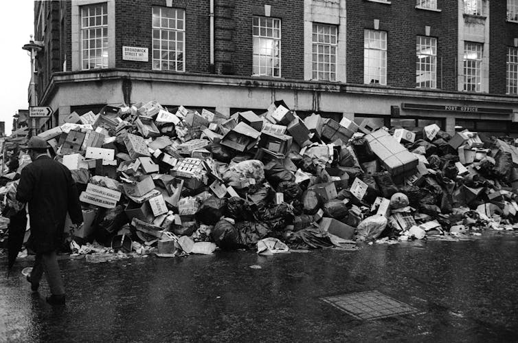 A huge pile of rubbish on a London street during the winter of discontent in the 1970s.