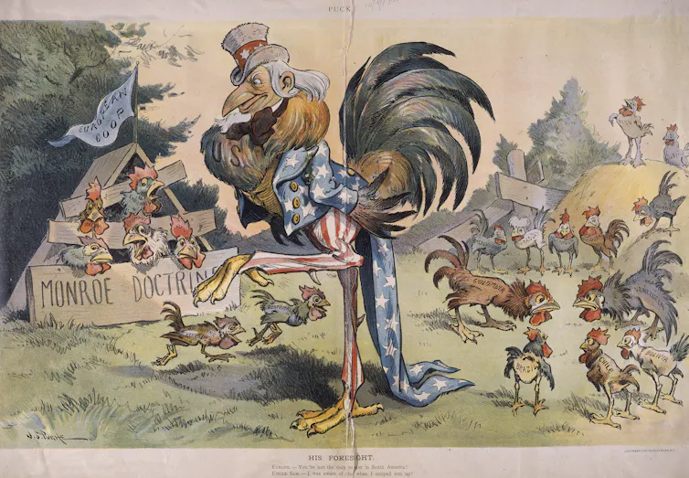 Cartoon depicting the Monroe Doctrine.