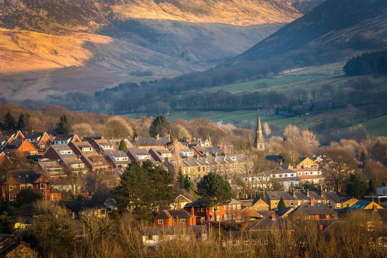 Late sun settling on the village of Greenfield in the Chew Valley