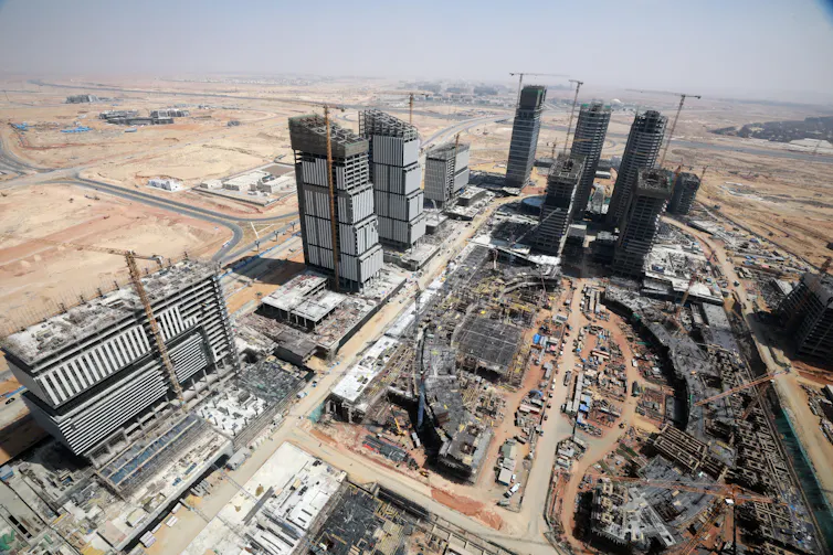 Aerial view of enormous construction site.