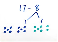 17 dots shown with ten of the dots blue, and seven of them in green.