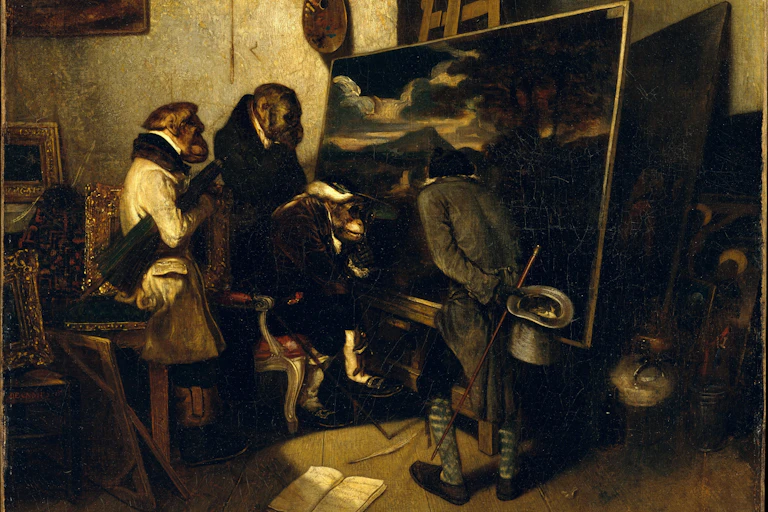 Tableau de singes habillés en costume observant un tableau dans un atelier encombré.