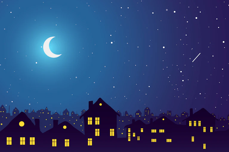 Illustration d'une ville éclairée par la Lune.