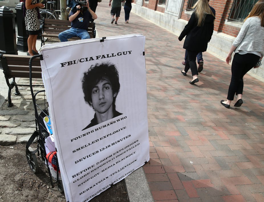 A poster showing the photograph of Marathon Bomber Dzhokhar Tsarnaev.