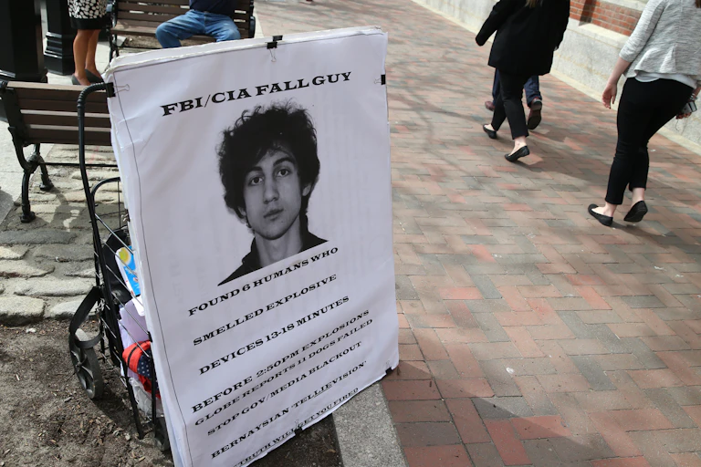 A poster showing the photograph of Marathon Bomber Dzhokhar Tsarnaev.