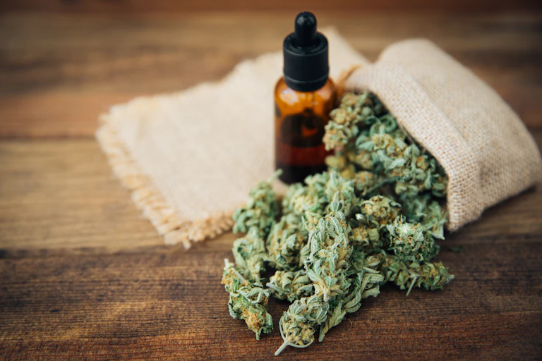 cannabis buds and dropper bottle