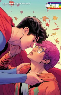 Superman and a man lean in to kiss