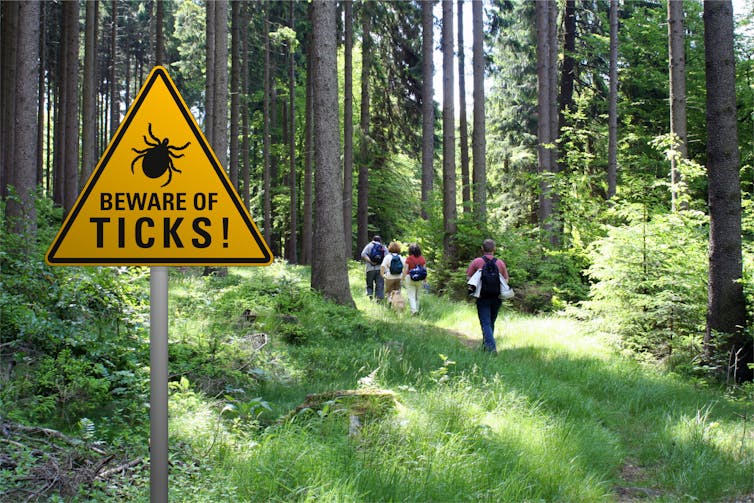 A warning sign reading 'Beware of ticks!' in the foreground, with a group of hikers entering a forested area in the background.
