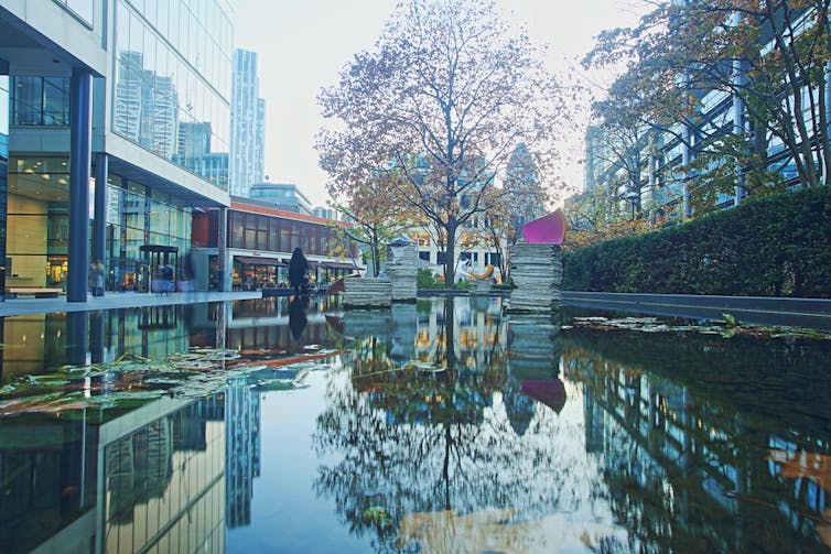 An autumnal tree reflected in a pond adorned with modern sculpture in a regenerated area of London's urban east end.