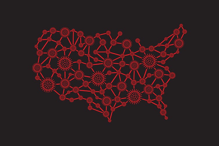 A map of the U.S. with coronavirus particles connecting different areas.