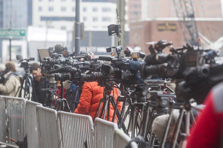 A crowd of news cameras focused on the courthouse where the Tsarnaev trial was held.