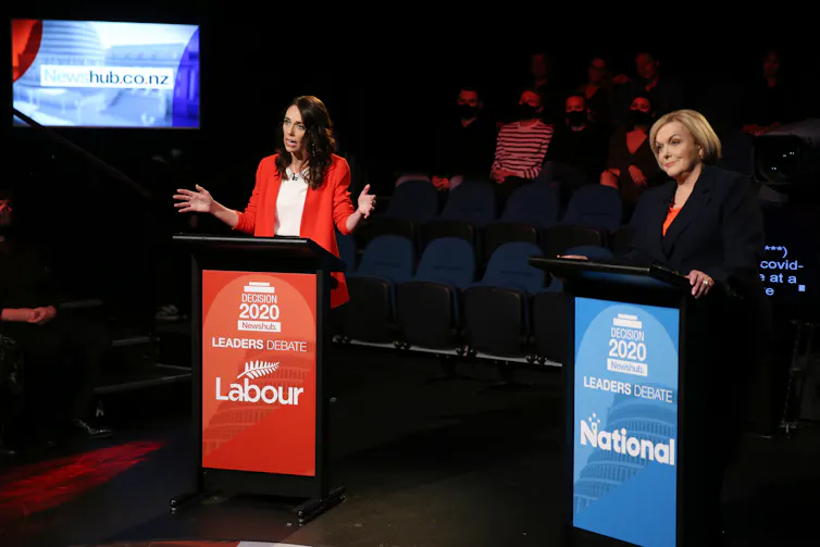Jacinda Ardern and the Judith Collins at a televised leaders debate