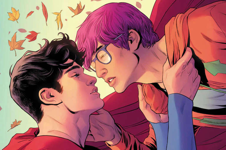 Cartoon of young Superman kissing man with pink hair
