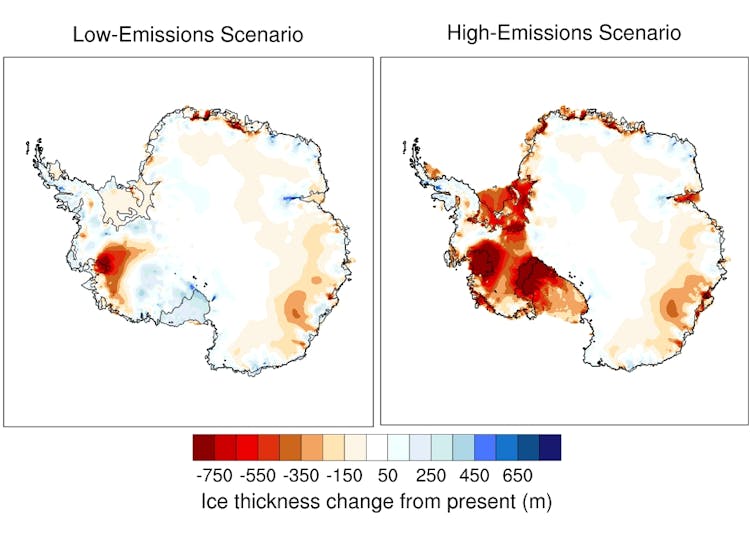 These maps of Antarctica show the projected change in ice thickness between the present and the year 2300, for a low-emissions scenario (left) and a high-emissions scenario (right), with red indicating ice loss and blue showing ice gain.