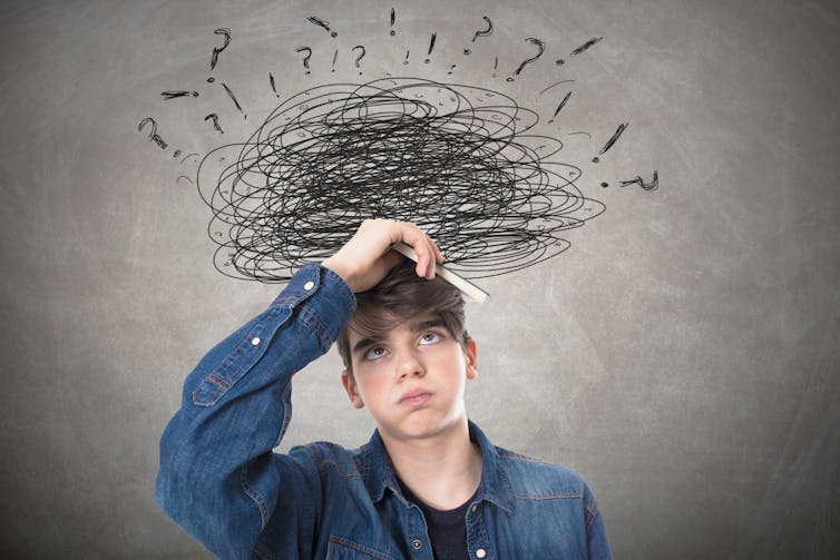 Boy thinking lots of thoughts (pencil cloud over his head)