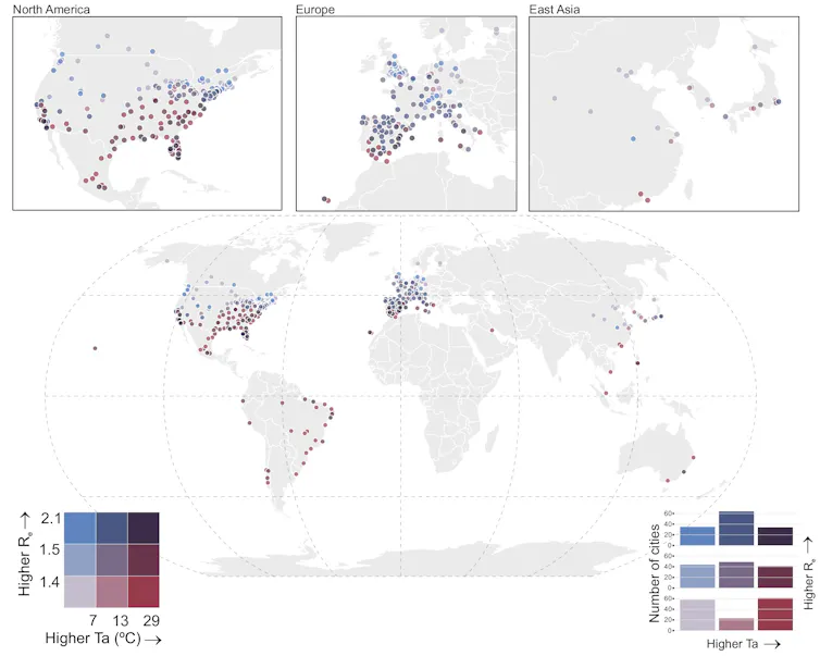 Distribución xeográfica do número de reprodución efectiva (Re) e temperatura media diaria (ºC) para as 409 cidades incluídas no estudo.