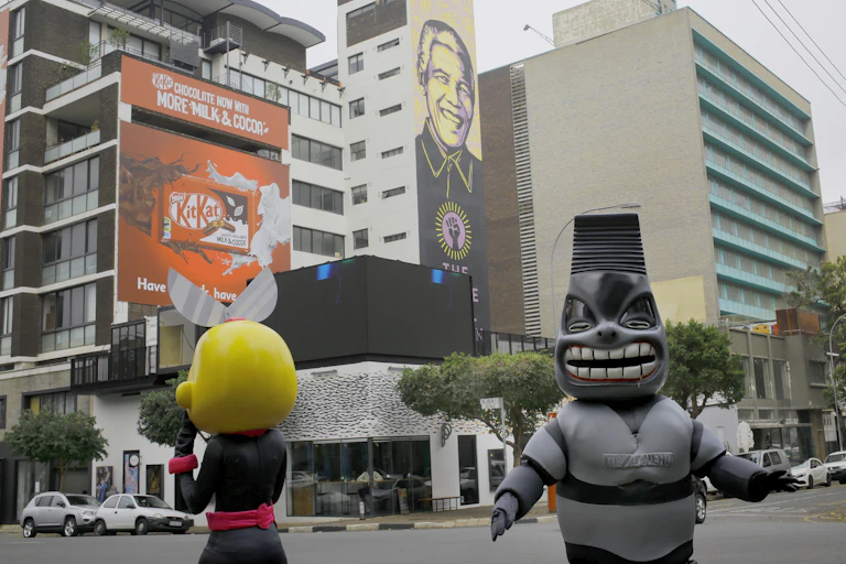 A giant banner bearing Nelson Mandela's image hangs over a high rise building in Braamfontein, Johannesburg