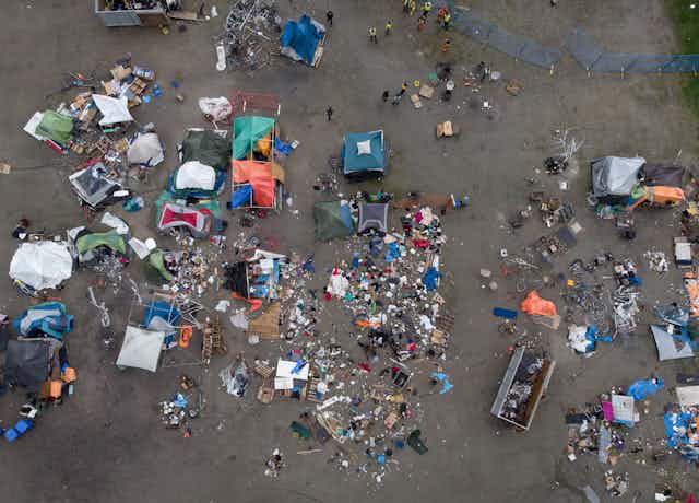 Tents and other structures are seen in an aerial view at a homeless encampment at Strathcona Park 