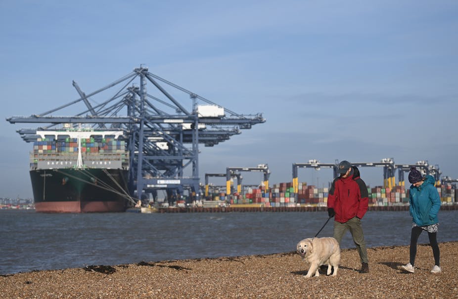 A container ship docking at Felixstowe as a couple walk on the beach