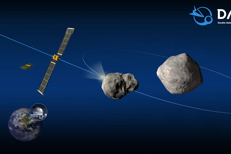 Artist's impression of how the DART mission will change the orbit of a moon around an asteroid.
