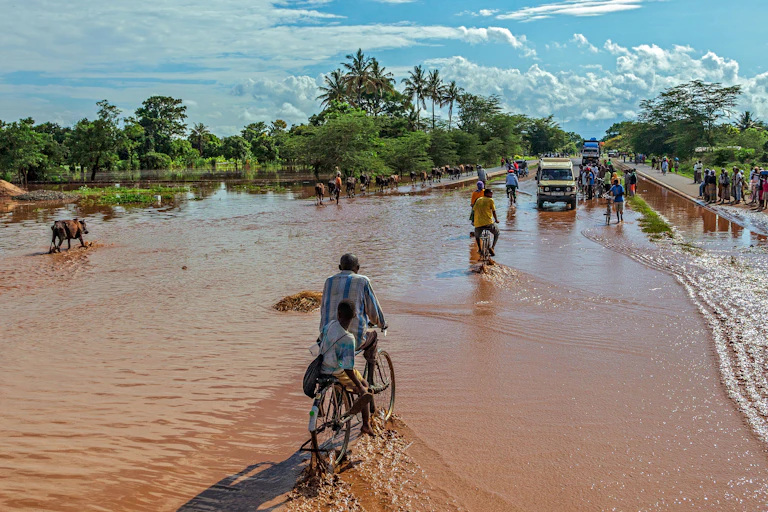 People cycling and wading through an are that's flooded.