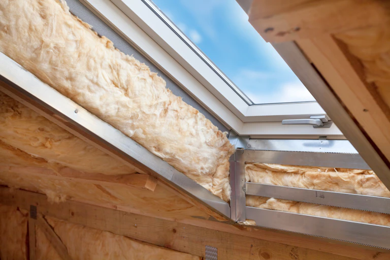 A roof skylight surrounded by thermal insulation.