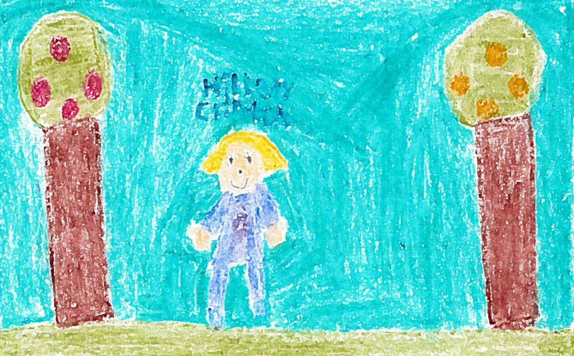 A child's drawing of Hillary Clinton, wearing a blue pantsuit and standing between two trees.