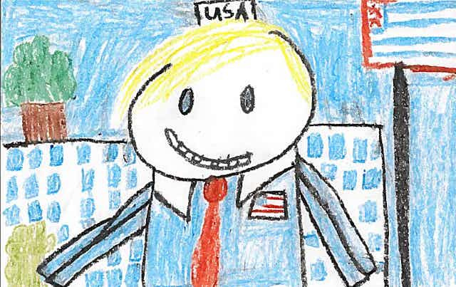 A child's drawing of Donald Trump, wearing a red tie, with a US flag next to him and "USA" written above him.