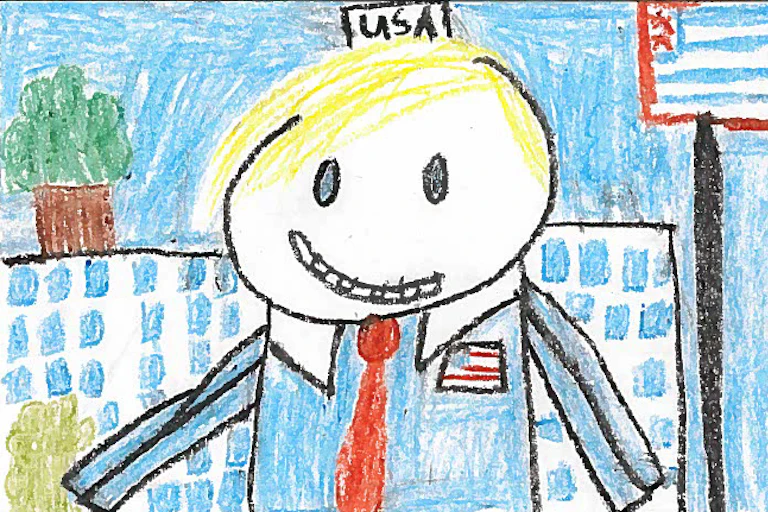 A child's drawing of Donald Trump, wearing a red tie, with a US flag next to him and "USA" written above him.