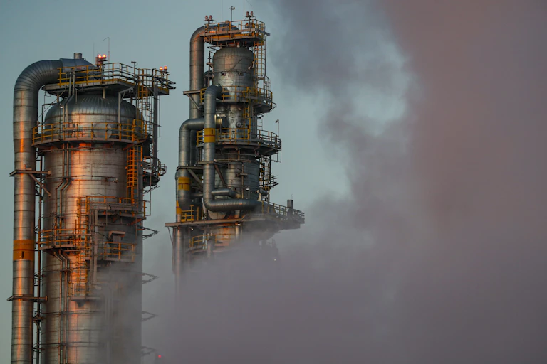 Silver petrochemical plant slightly obscured by a pink cloud