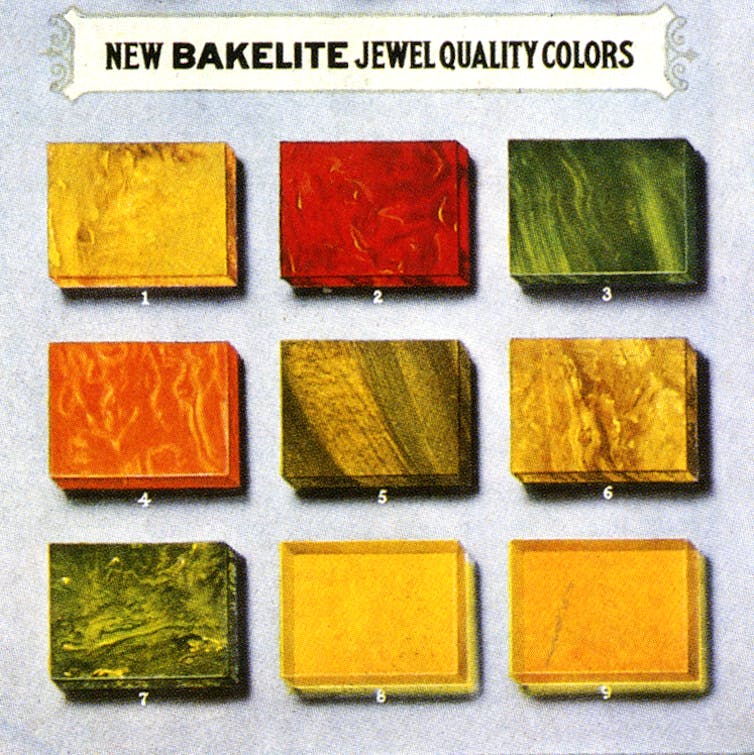 Old advertisement for bakelite, showing nine coloured squares.