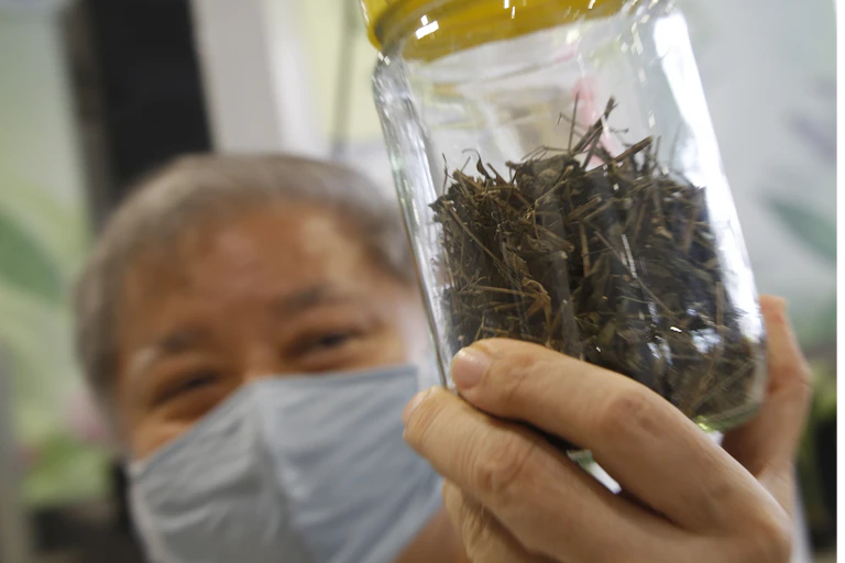 Man holding jar of green chiretta.