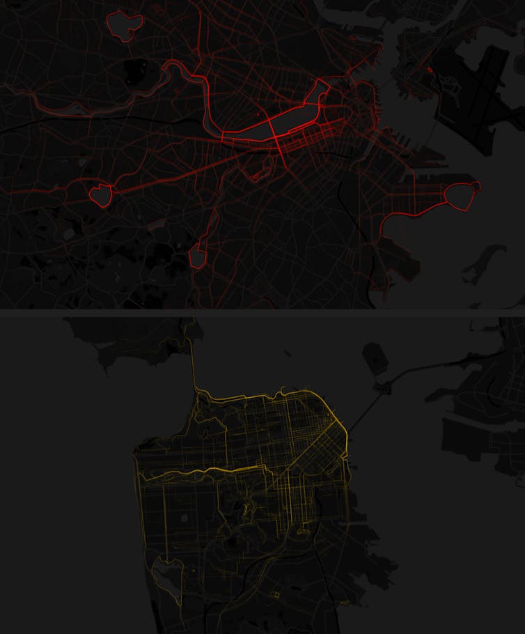 Two city maps stacked vertically with paths along city streets marked in varying levels of intensity