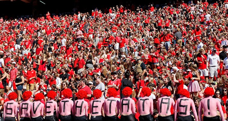 Georgia Bulldogs football team fans support Breast Cancer Awareness Month with the slogan 'Save The Ta-Tas!' on their backs during a 2013 game.