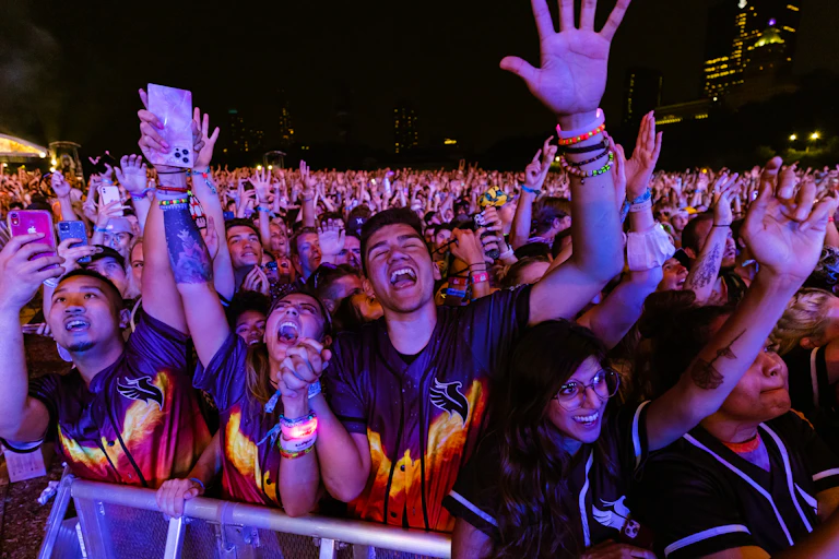 Concertgoers scream and wave their hands.