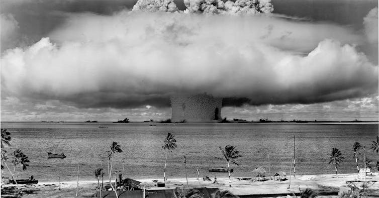 A nuclear explosion above a tropical sea