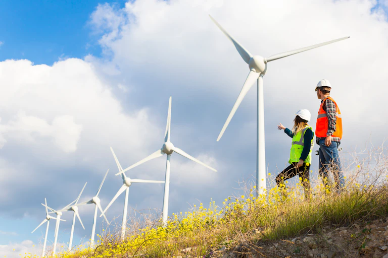 Two engineers regard a line of wind turbines.
