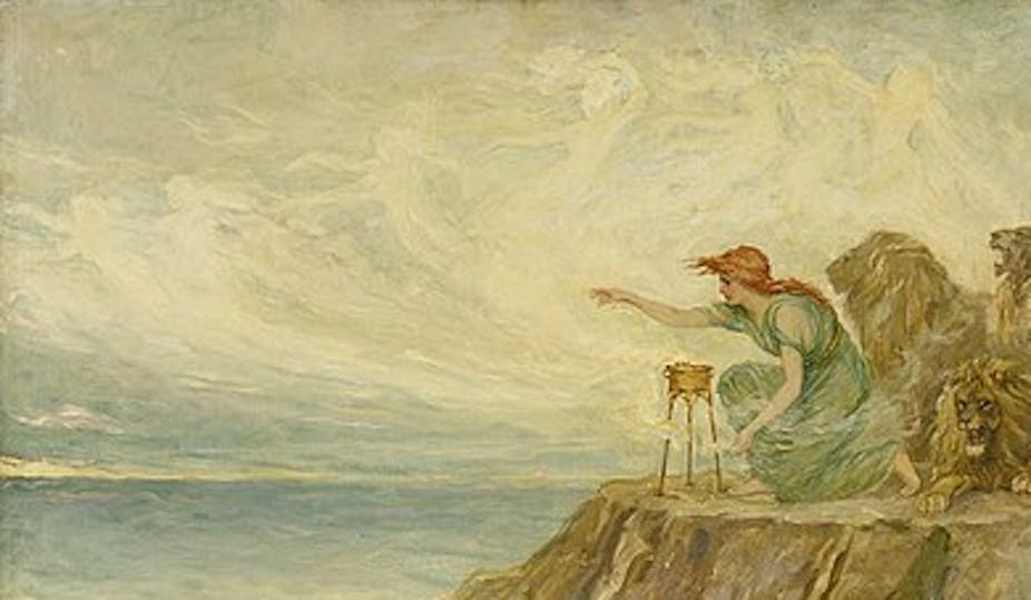 A red-headed woman in a green dress crouches over an incense bowl at the edge of the sea, while lions stand behind her.