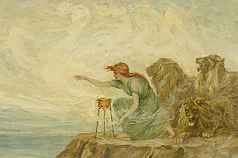 A red-headed woman in a green dress crouches over an incense bowl at the edge of the sea, while lions stand behind her.